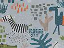 Gyerek design függöny textil zebra viziló és teve mintával rajzolt sítlusban kékes alapon