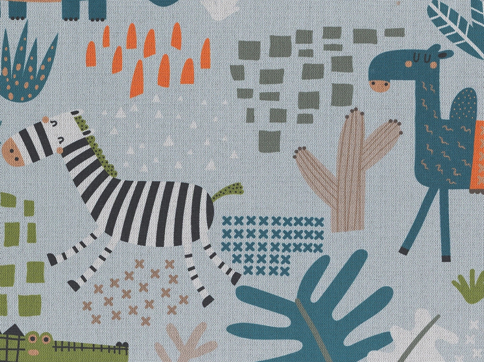 Rajzolt stílusú gyerek design függöny textil kékes alapon állat mintával