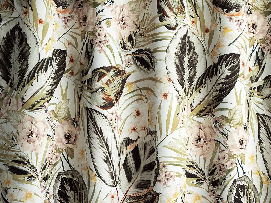 Design sötétítő függöny textil virág és levél mintával sárga, zöld, lilás színben