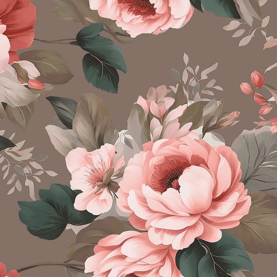Szürkés barna alapon romantikus virág mintás design függöny textil 300cm magas