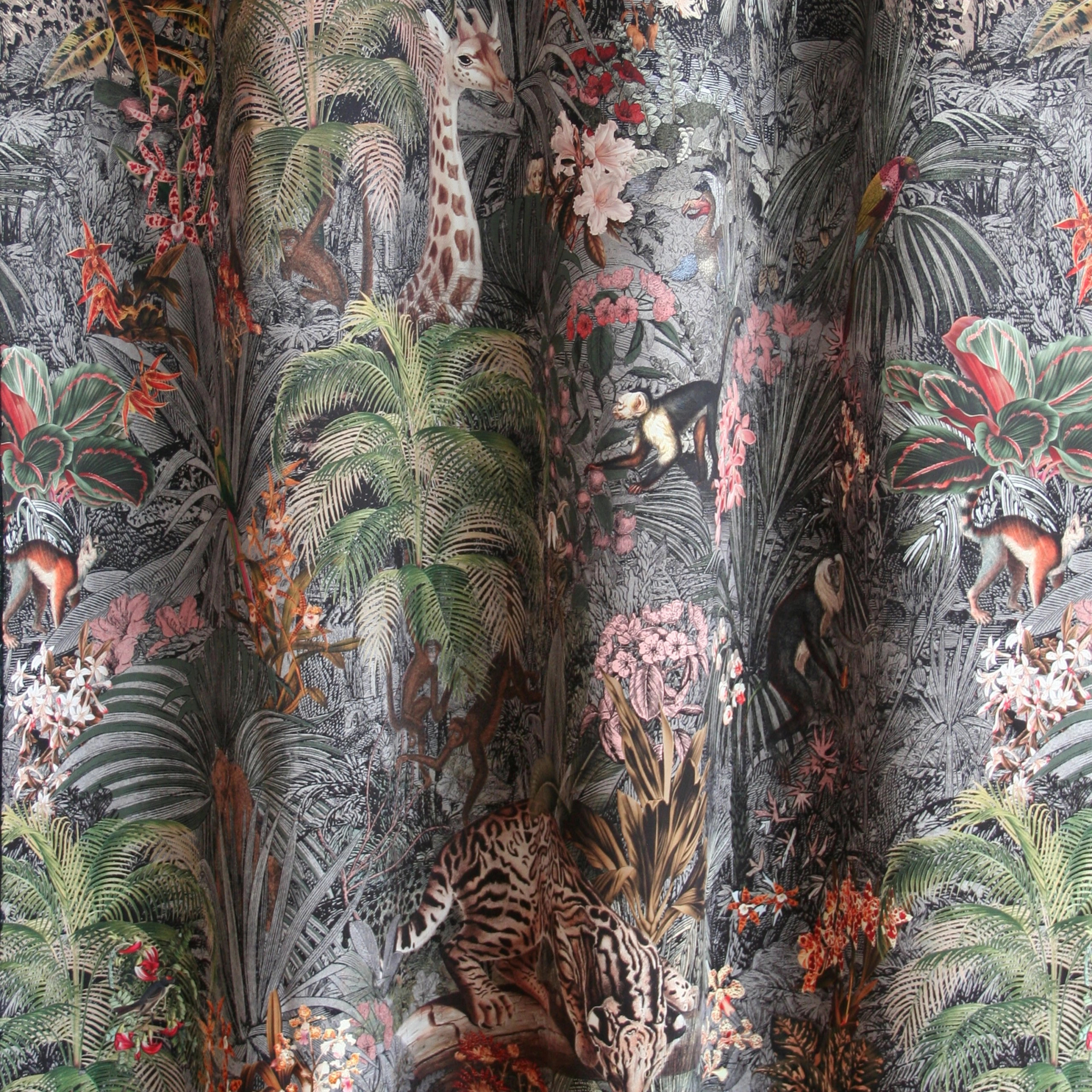 Trópusi levél és állat mintás zöld fekete design függöny textil