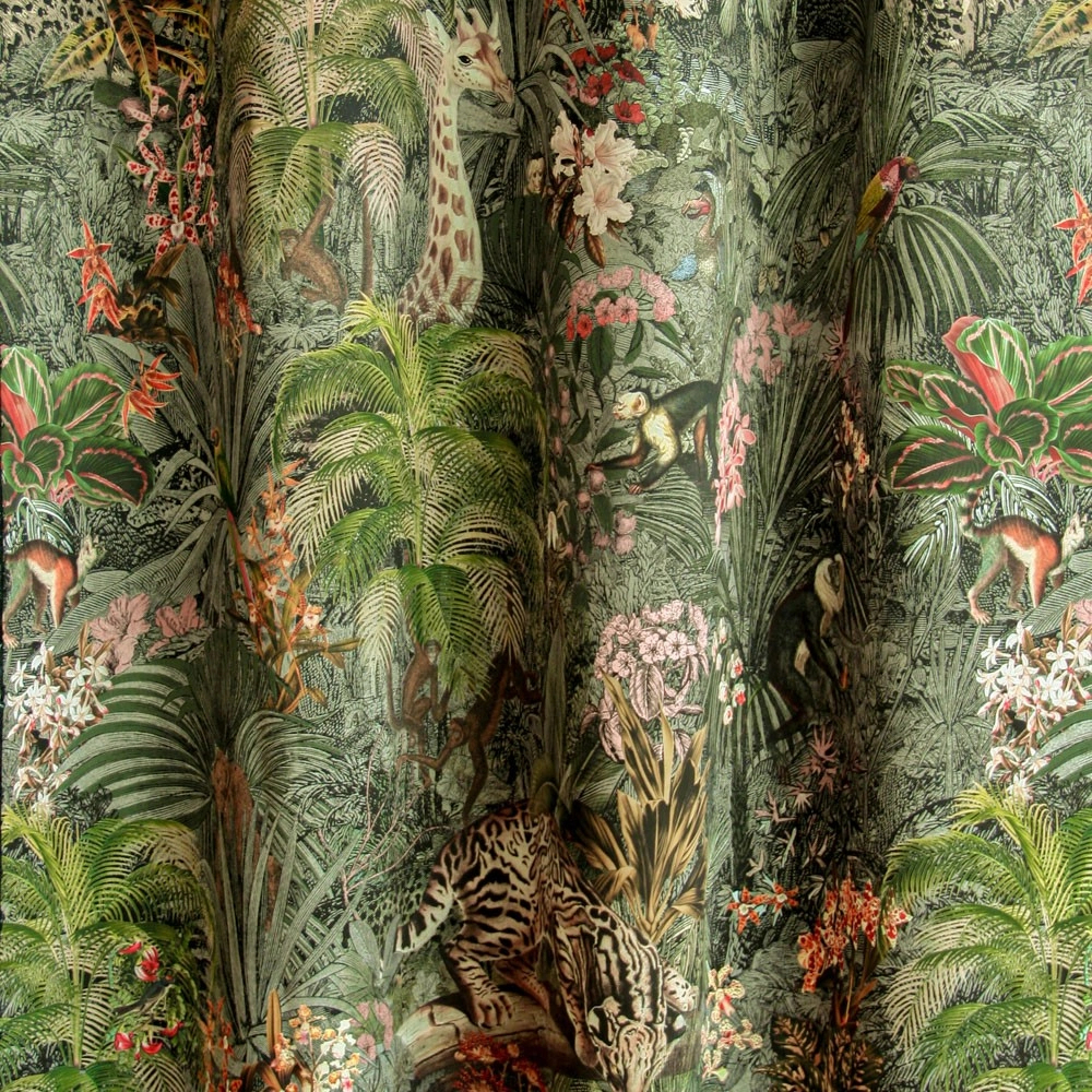 Trópusi levél és állat mintás zöld fekete design függöny textil_8fm
